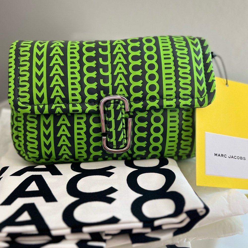 NEW MARC JACOBS Logo Monogram Leather Chain Strap Crossbody Dark Grey Green - Picture 4 of 9